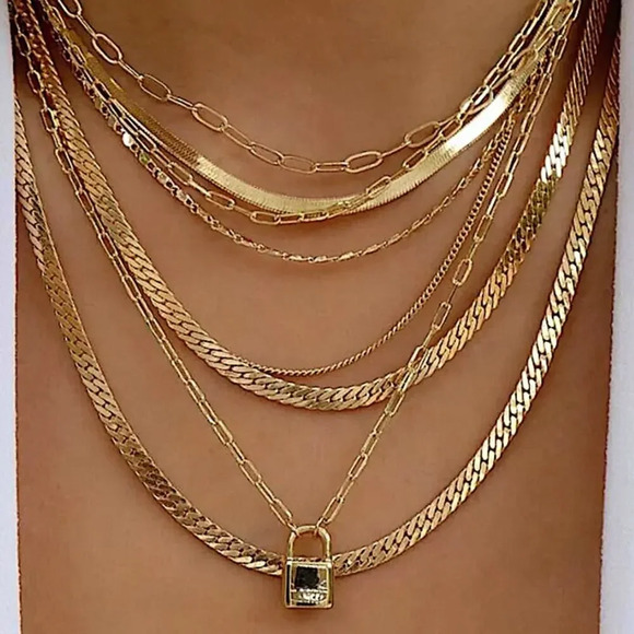 Gold Plated 18K Multilayer Necklace, Chain Link, Paperclip, Cuban, Lock - Picture 1 of 1